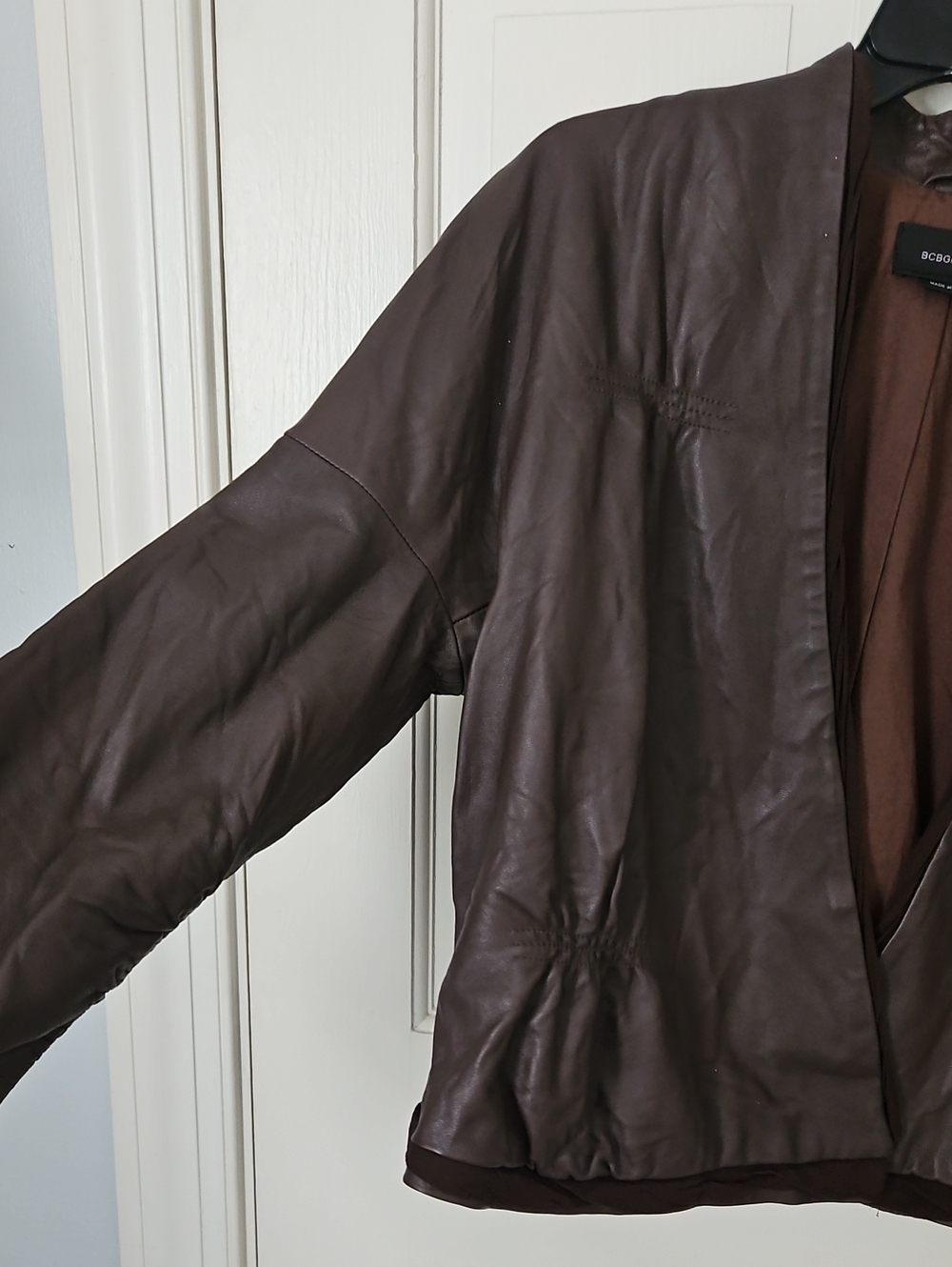 BCBG Max Azria Brown Leather Open-Front Jacket With Silk Trim - Picture 8 of 13